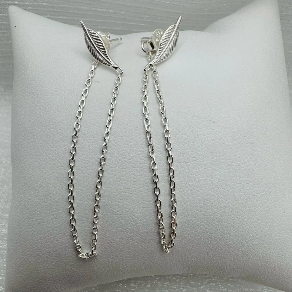 S925 Leaf Chain Hoop Stud Earrings